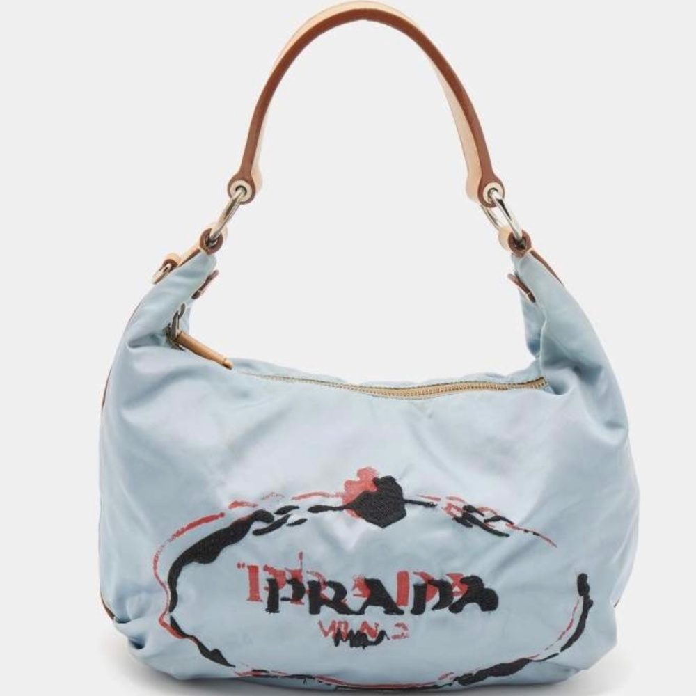 Authentic PRADA blue Tessuto Nylon Stencil Pervinca Hobo Handbag